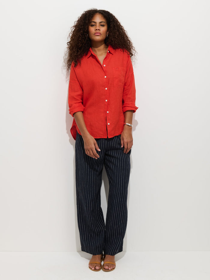 Hudson Pinstripe Pant in Linen - Navy / Ivory Stripe