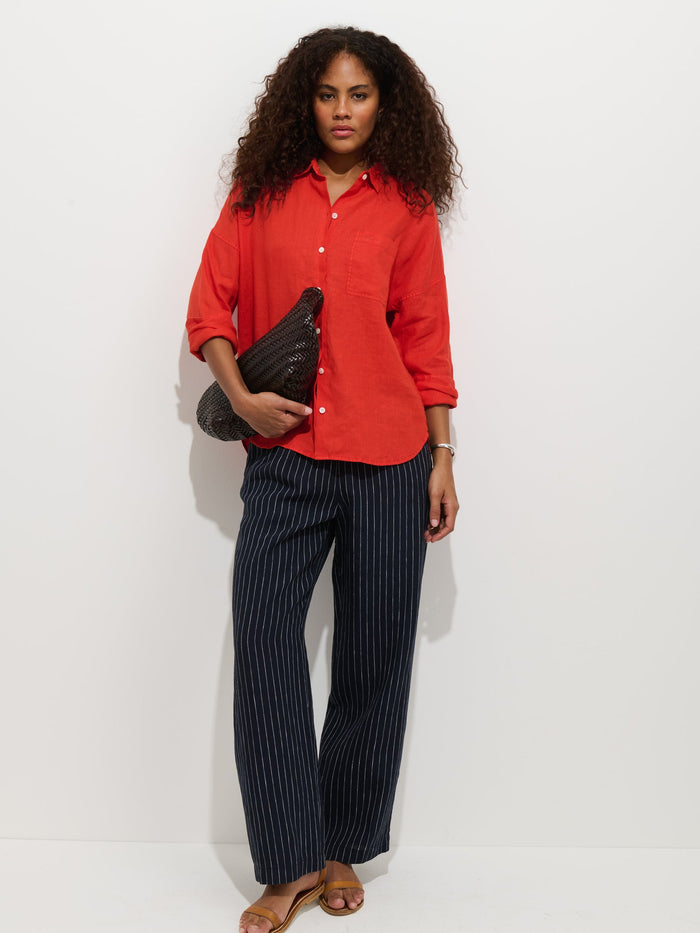 Hudson Pinstripe Pant in Linen - Navy / Ivory Stripe
