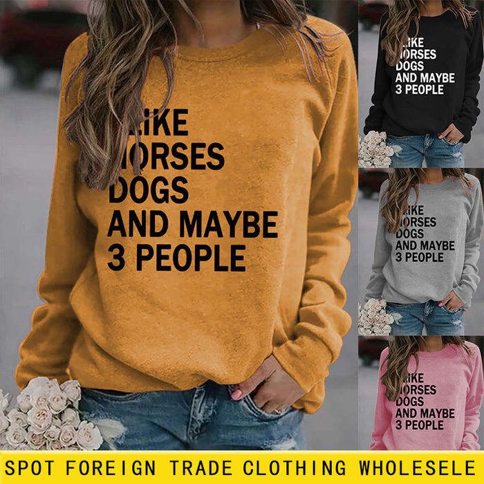 I LIKE HORSES Round Neck Letter Tops Female Long-sleeved Loose Printed Sweatshirt