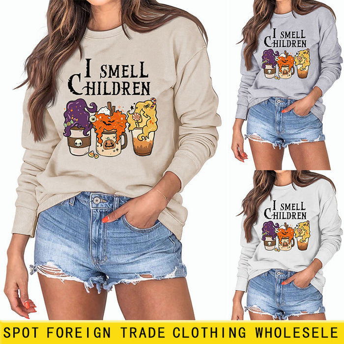 I SMELL CHILDREN Pumpkin Letter Printing Round Neck Loose Long Sleeve Sweater Girl