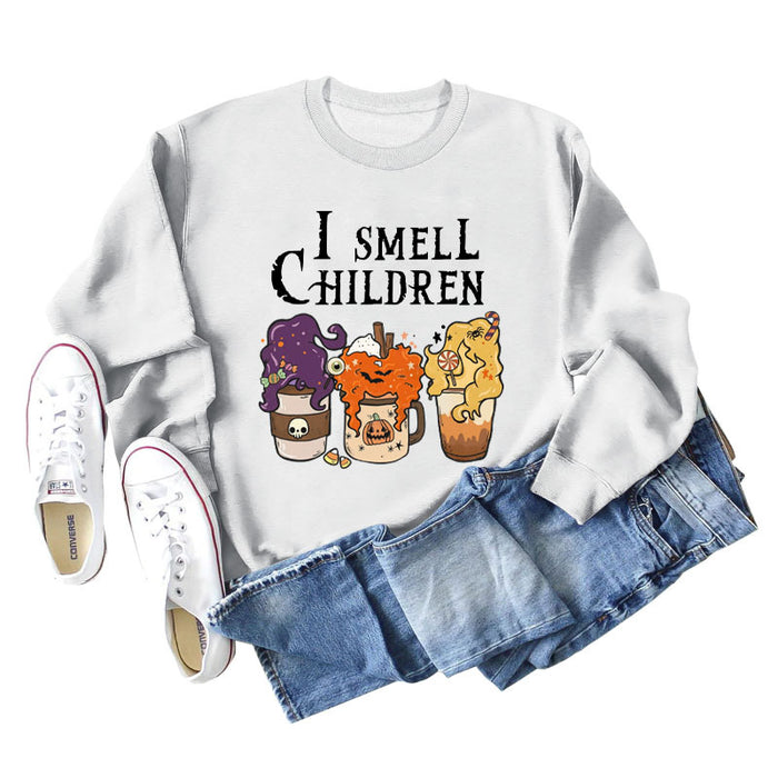 I SMELL CHILDREN Pumpkin Letter Printing Round Neck Loose Long Sleeve Sweater Girl
