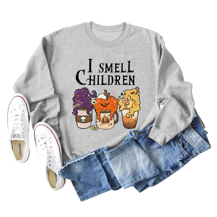 I SMELL CHILDREN Pumpkin Letter Printing Round Neck Loose Long Sleeve Sweater Girl