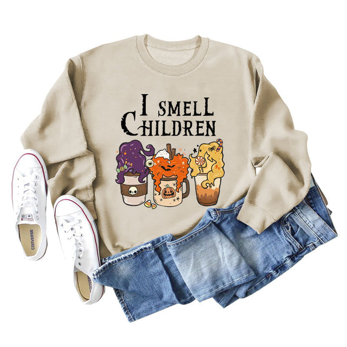 I SMELL CHILDREN Pumpkin Letter Printing Round Neck Loose Long Sleeve Sweater Girl