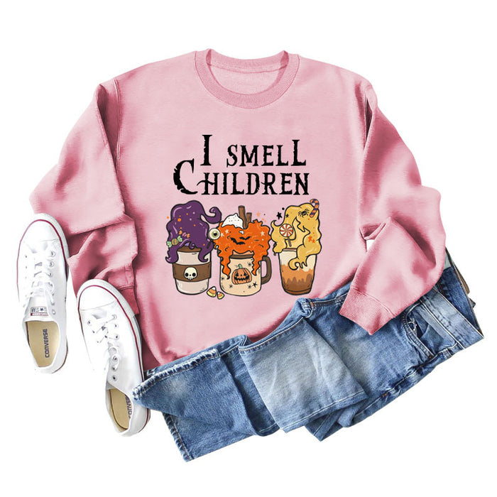 I SMELL CHILDREN Pumpkin Letter Printing Round Neck Loose Long Sleeve Sweater Girl