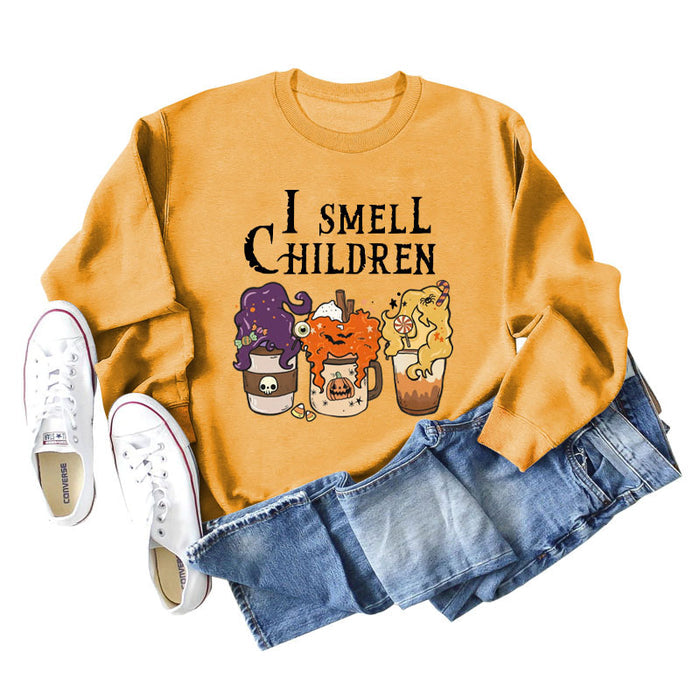 I SMELL CHILDREN Pumpkin Letter Printing Round Neck Loose Long Sleeve Sweater Girl