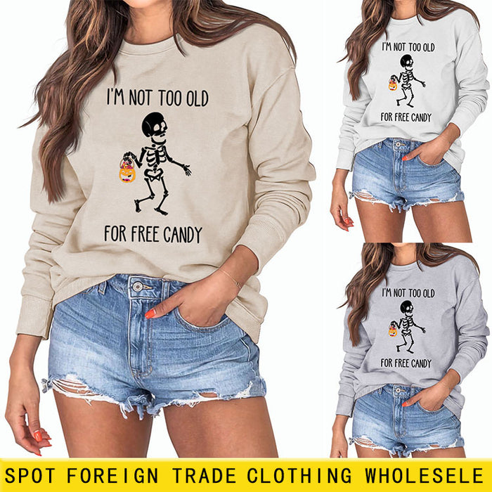 I'M NOT TOO OLD Letter Skull Pumpkin Round Neck Long Sleeve Sweater