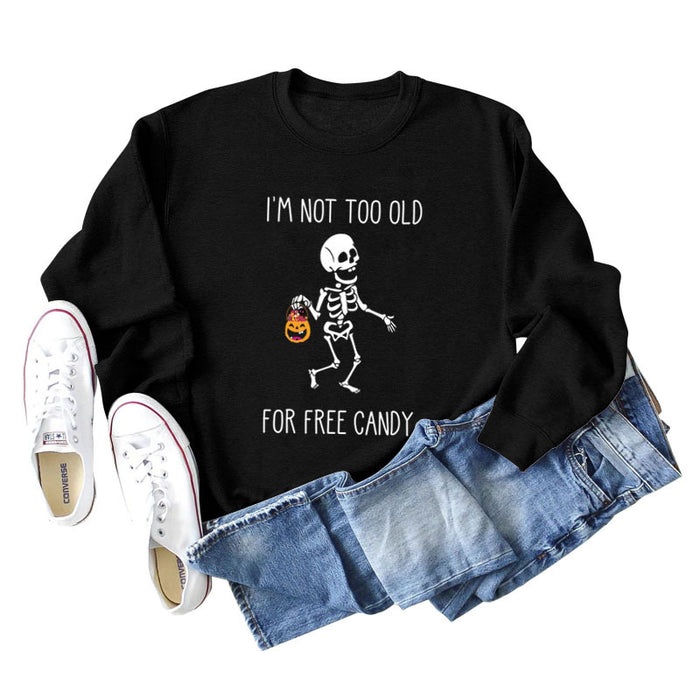 I'M NOT TOO OLD Letter Skull Pumpkin Round Neck Long Sleeve Sweater