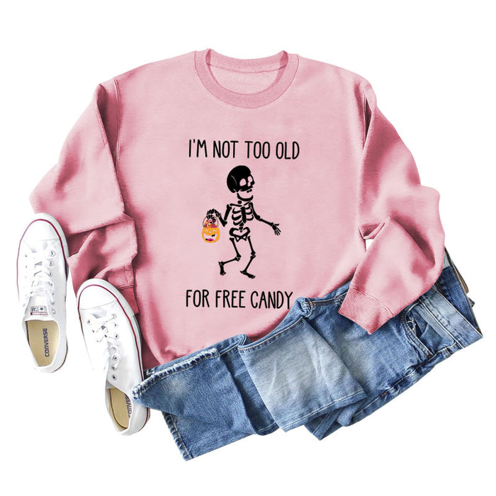 I'M NOT TOO OLD Letter Skull Pumpkin Round Neck Long Sleeve Sweater