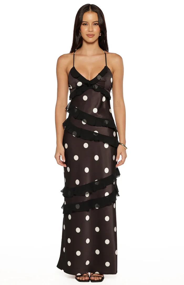 Inara Black Polka Dot Ruffle Maxi Dress