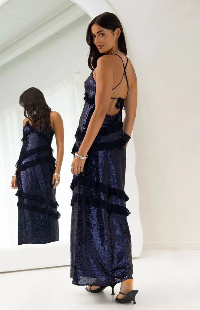 Inara Navy Sequin Ruffle Maxi Dress