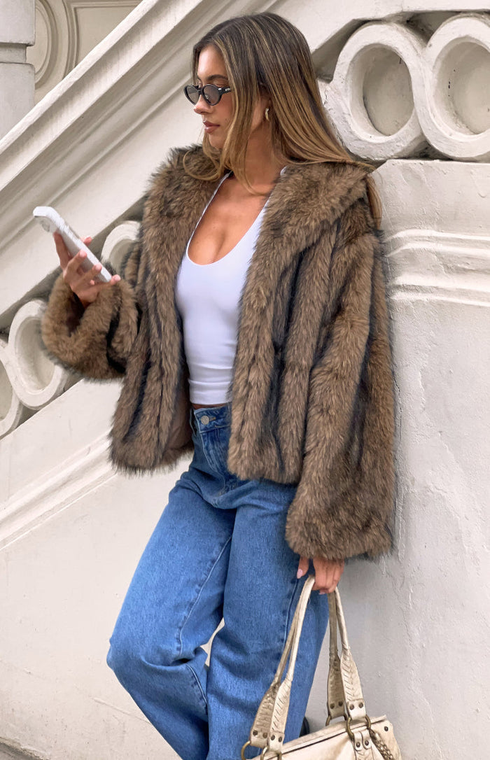 Beginning Boutique It Girl Chocolate Faux Fur Jacket chocolate brown striped faux fur cropped jacket with wide lapel collar