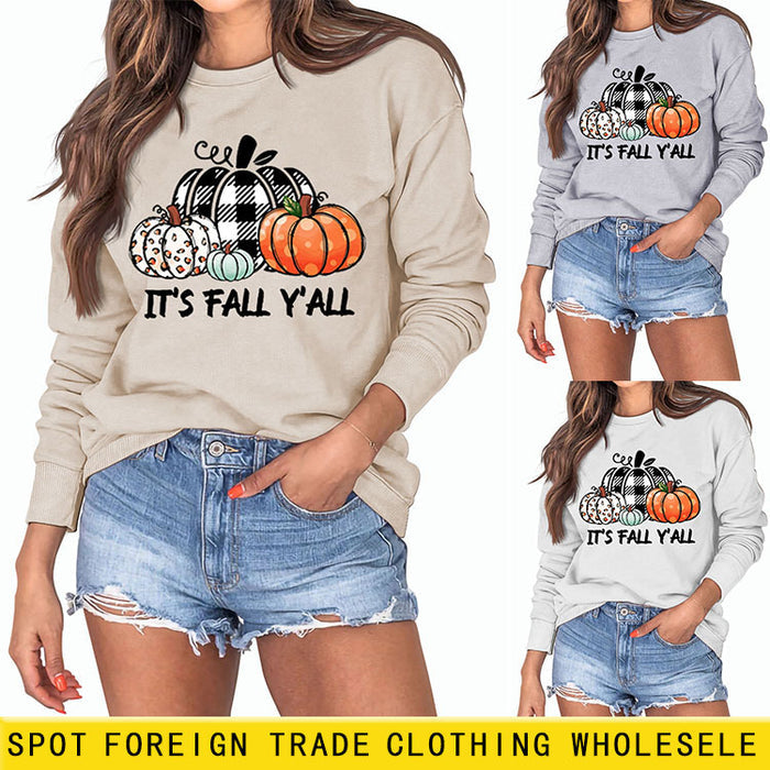 It's Fall Y'll Pumpkin Halloween Round Neck Long Sleeve Sweater Women