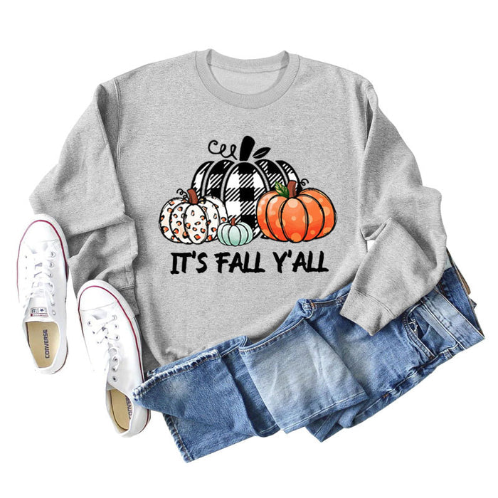 It's Fall Y'll Pumpkin Halloween Round Neck Long Sleeve Sweater Women