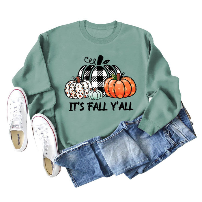 It's Fall Y'll Pumpkin Halloween Round Neck Long Sleeve Sweater Women