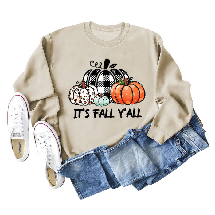 It's Fall Y'll Pumpkin Halloween Round Neck Long Sleeve Sweater Women