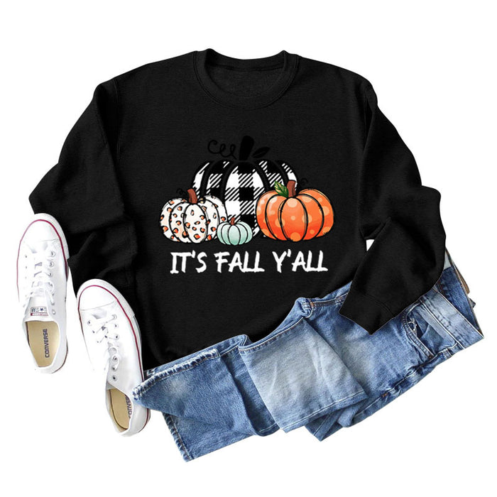 It's Fall Y'll Pumpkin Halloween Round Neck Long Sleeve Sweater Women