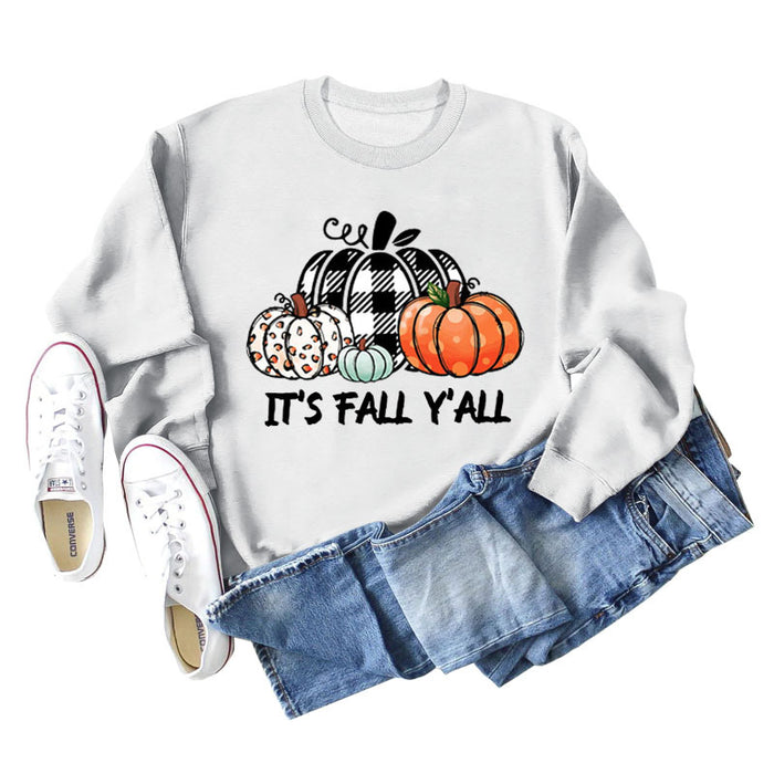 It's Fall Y'll Pumpkin Halloween Round Neck Long Sleeve Sweater Women