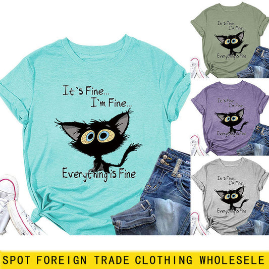 It's Fine I'm Fine Large Letter Print Short Sleeve Crew Neck T-Shirt