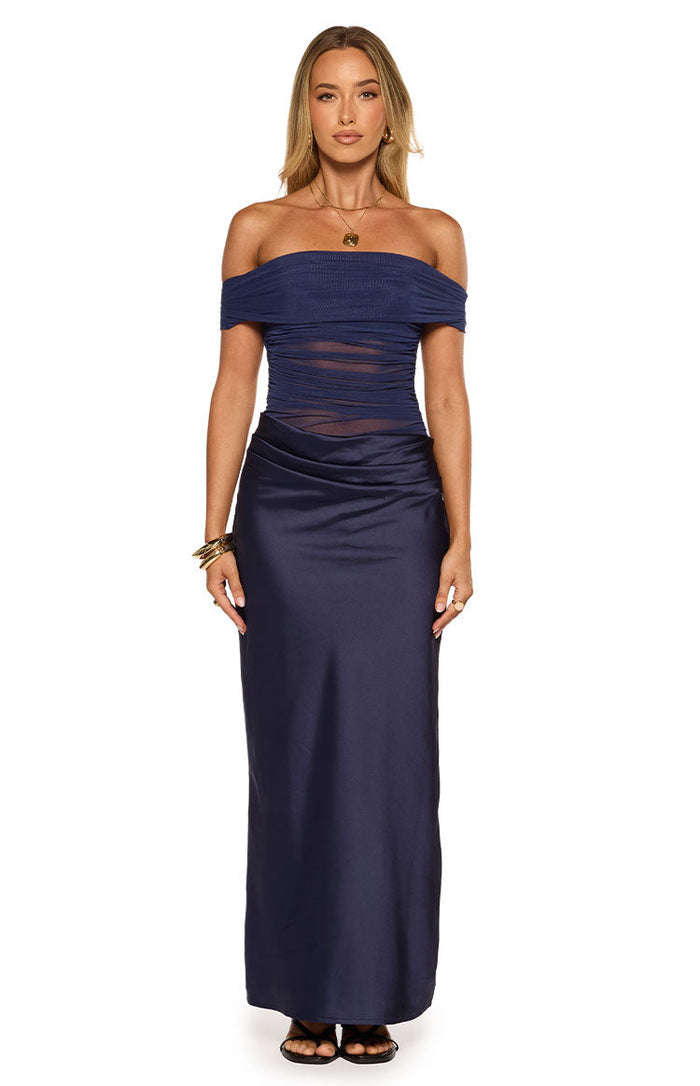 Navy off-shoulder maxi dress with a ruched sheer mesh top and a smooth draped satin maxi skirt