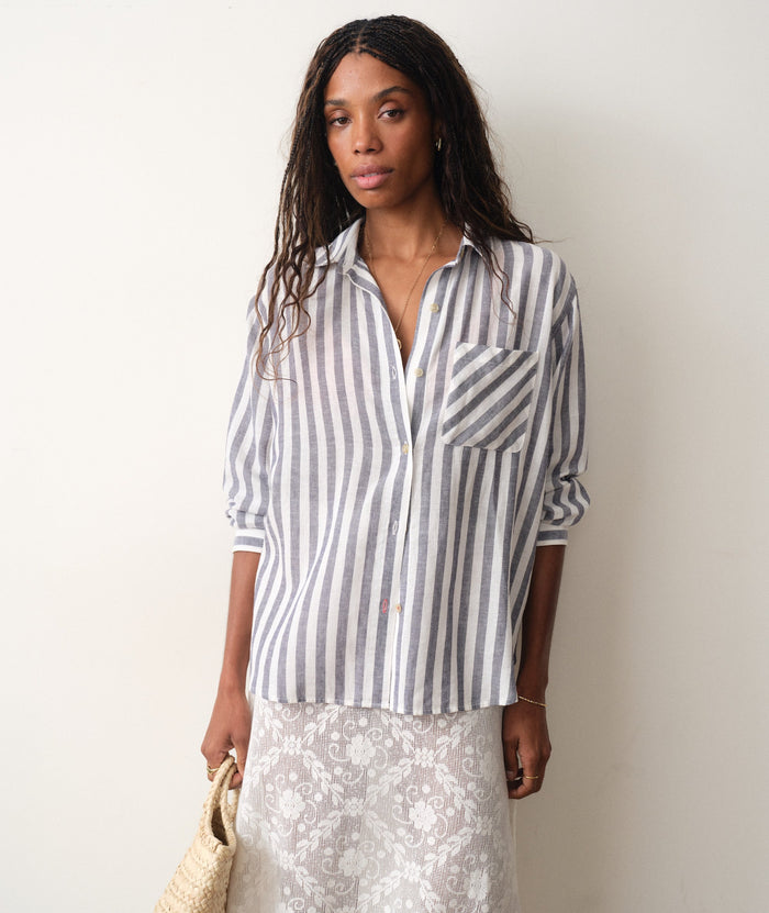 Jane Relaxed Linen Shirt - Navy & White Stripe