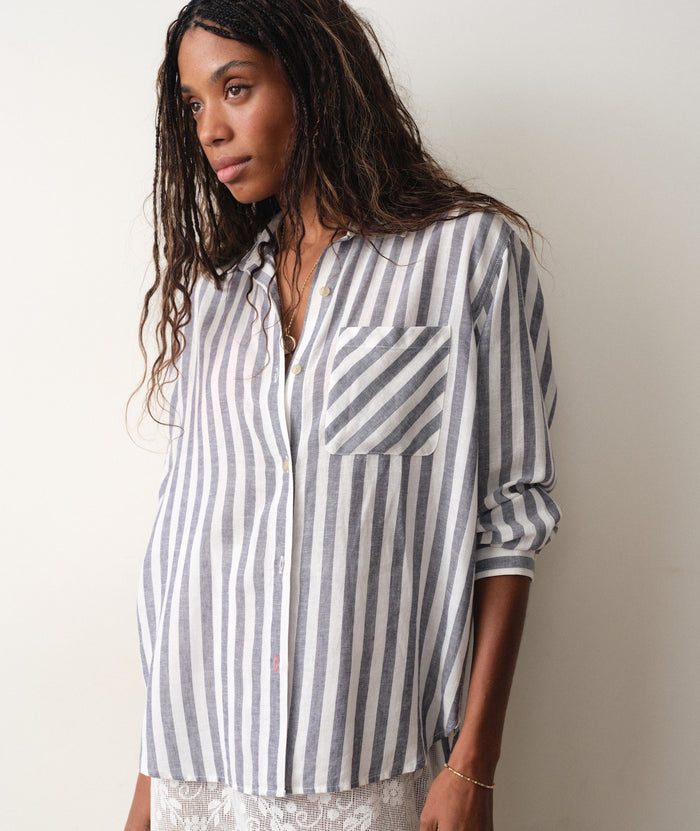 Jane Relaxed Linen Shirt - Navy & White Stripe