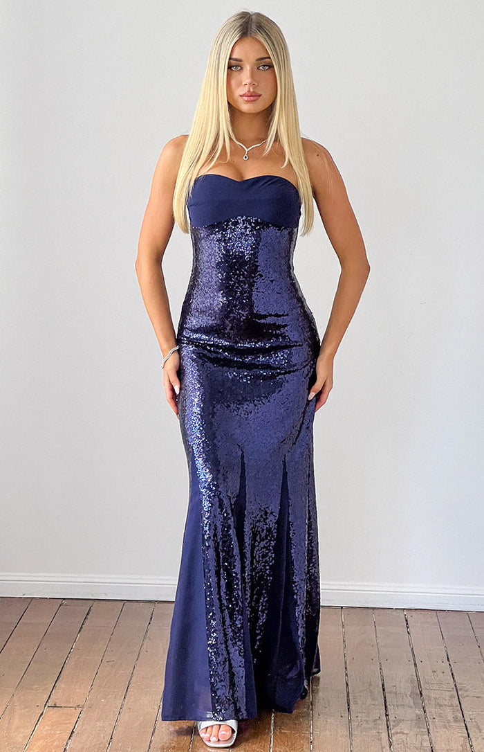 Beginning Boutique Jarrah Navy Sequin Strapless Maxi Dress navy sequin strapless maxi dress with sweetheart neckline and fitt