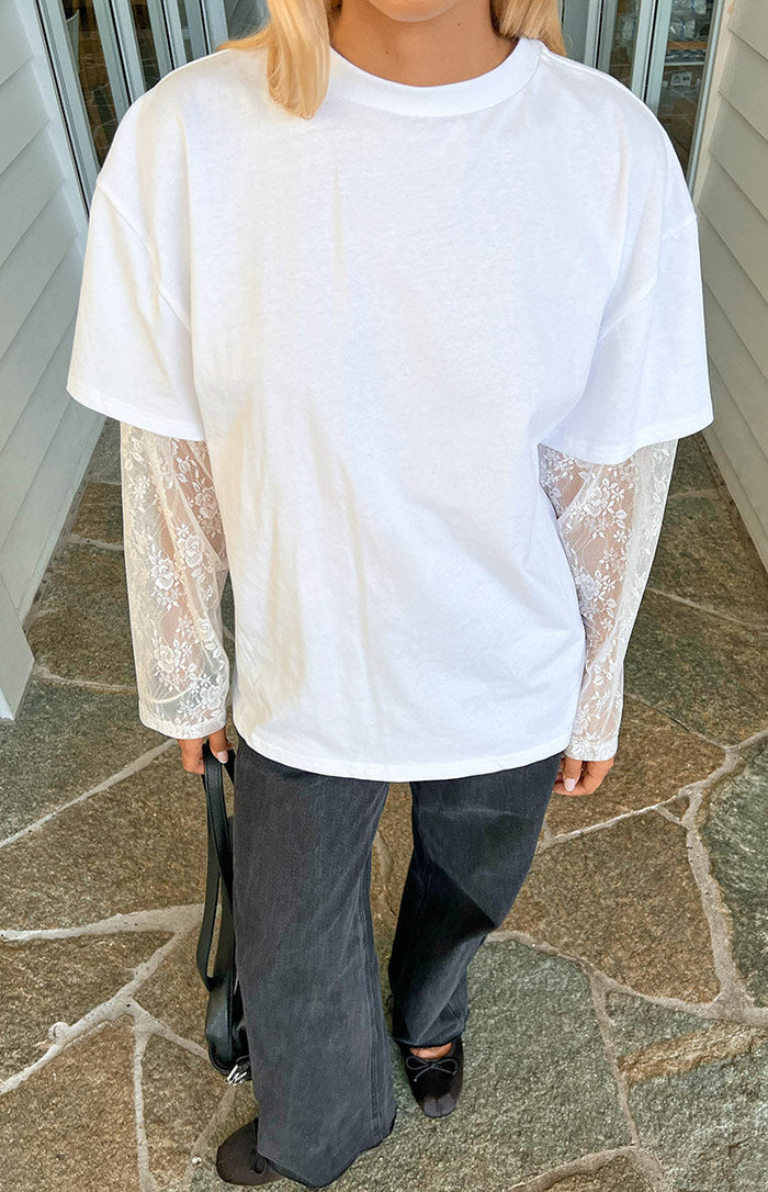 Beginning Boutique Jessica White Lace Long Sleeve Tee white oversized crew neck tee with sheer floral lace long sleeves