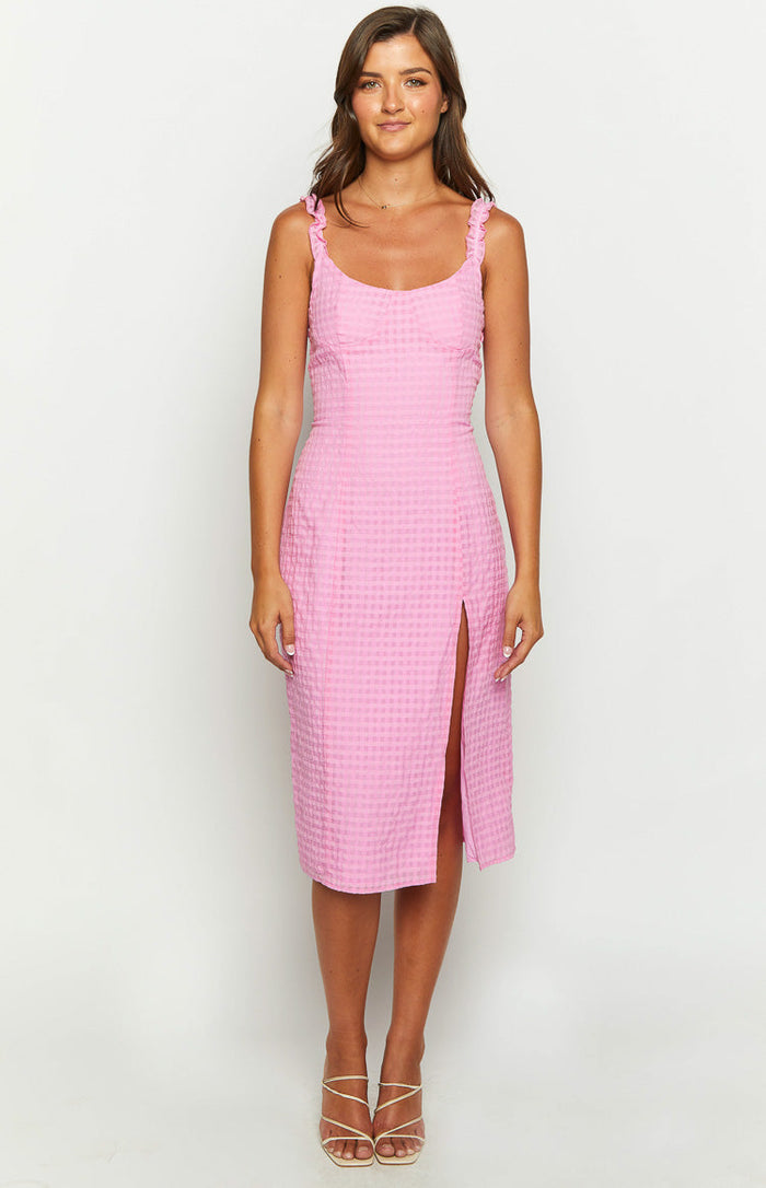 Pink gingham midi dress with scoop neckline, ruffled spaghetti straps, and a high side split