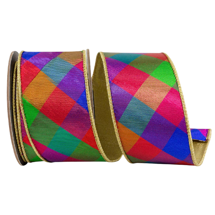 Multicolor jewel-tone metallic harlequin check wired ribbon with pink, red, green, blue, purple, and gold diamond pattern, 2.5 inches wide, shown in loose loops.