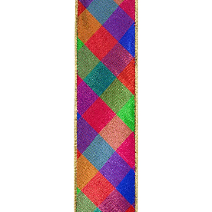 Multicolor jewel-tone metallic harlequin check wired ribbon with pink, red, green, blue, purple, and gold diamond pattern, 2.5 inches wide, shown in loose loops.