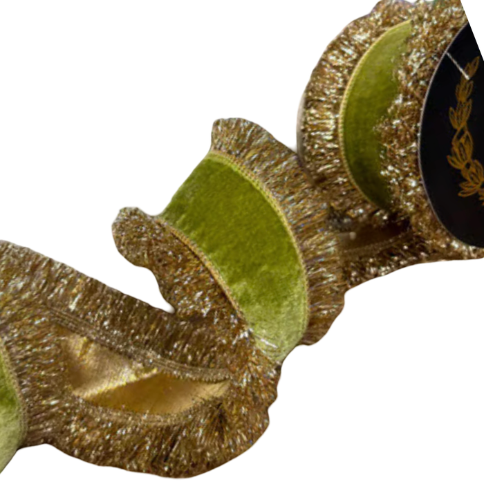JME Apple Green Velvet & Gold Fringe Ribbon | 4" Wide