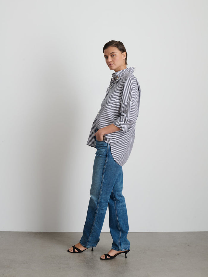 Jo Shirt in Striped Cotton Poplin - Navy / White
