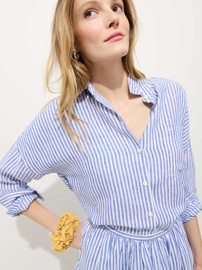 Jo Shirt Striped Shirt in Linen - Ocean / Ivory