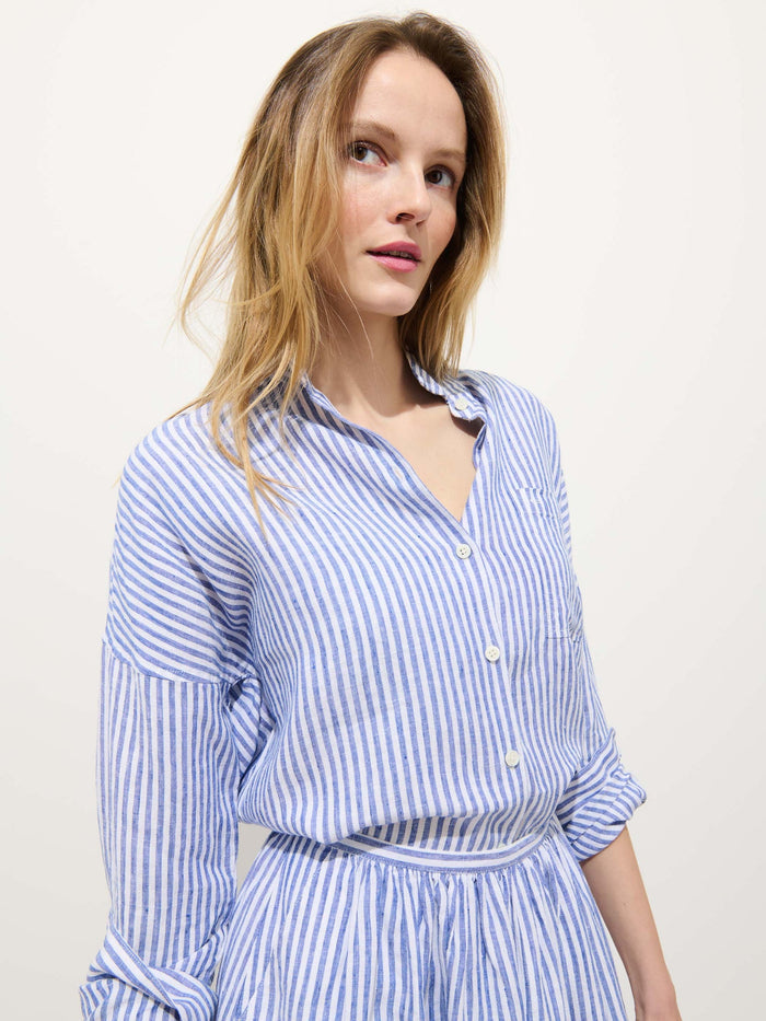 Jo Shirt Striped Shirt in Linen - Ocean / Ivory