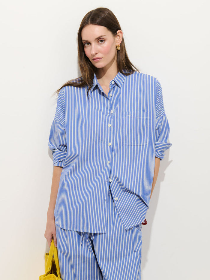 Jo Striped Shirt in Cotton Poplin - Blue/White Stripe