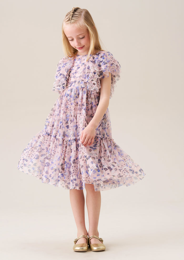 Juliana Pink Printed Frill Mesh Dress