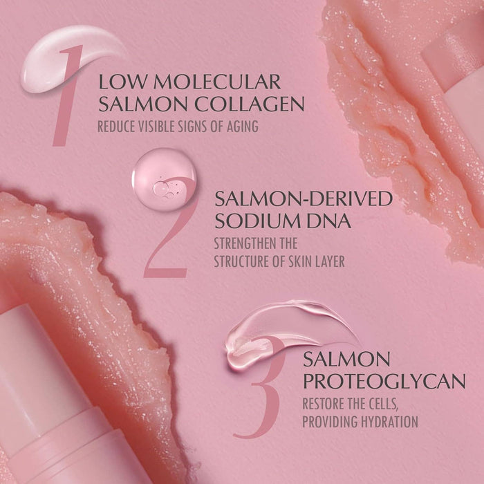 Cosmetic product with salmon collagen and DNA on a pink background