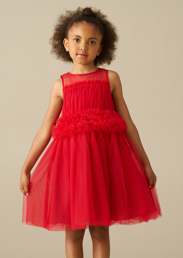Kaitlyn Red Ruffle Waist Mesh Dress