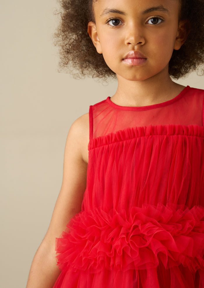 Kaitlyn Red Ruffle Waist Mesh Dress