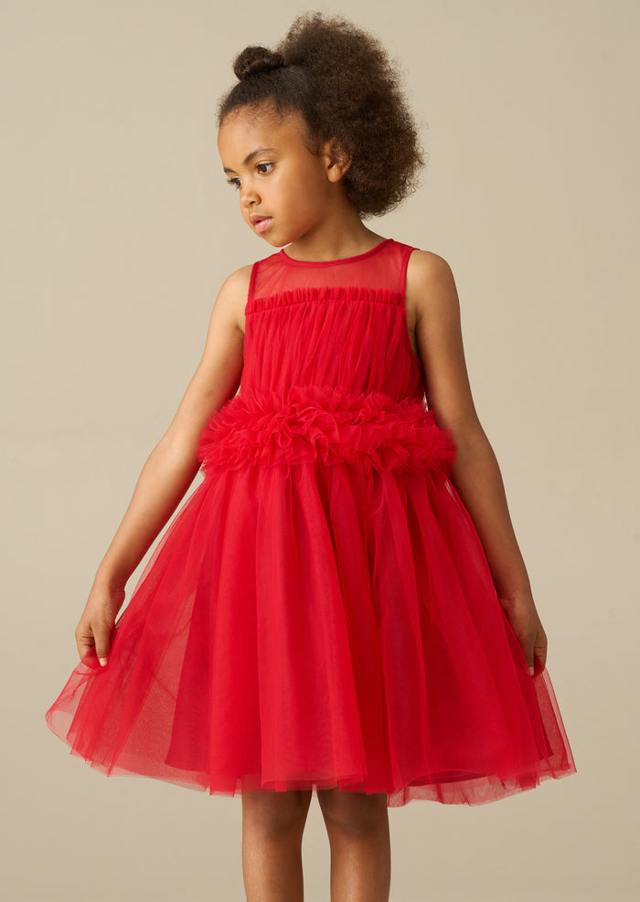Kaitlyn Red Ruffle Waist Mesh Dress