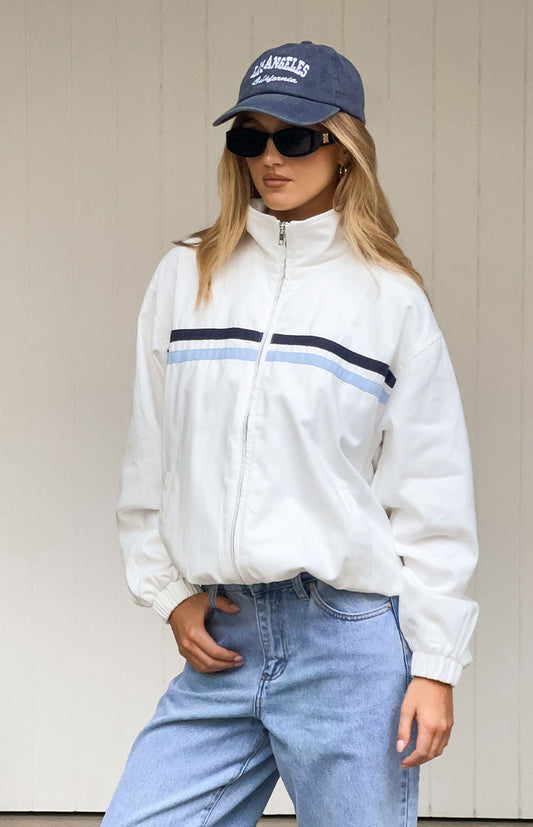 Beginning Boutique Kalana Cream Contrast Stripe Funnel Neck Jacket cream jacket with light blue and navy stripes, full zip