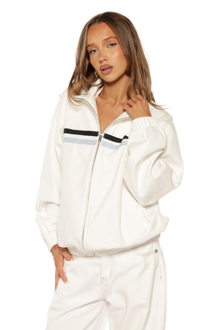 Beginning Boutique Kalana Cream Contrast Stripe Funnel Neck Jacket — cream funnel neck jacket with black and blue chest stripes, full zip, and elasticated cuffs and hem