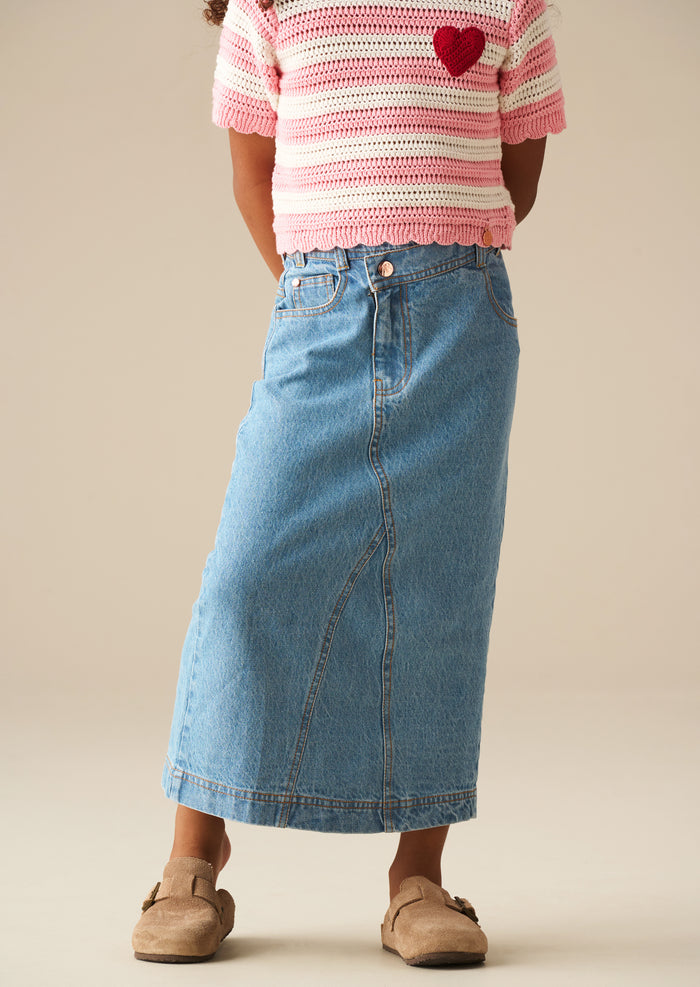 Kendal Asymmetric Waist Denim Midi Skirt
