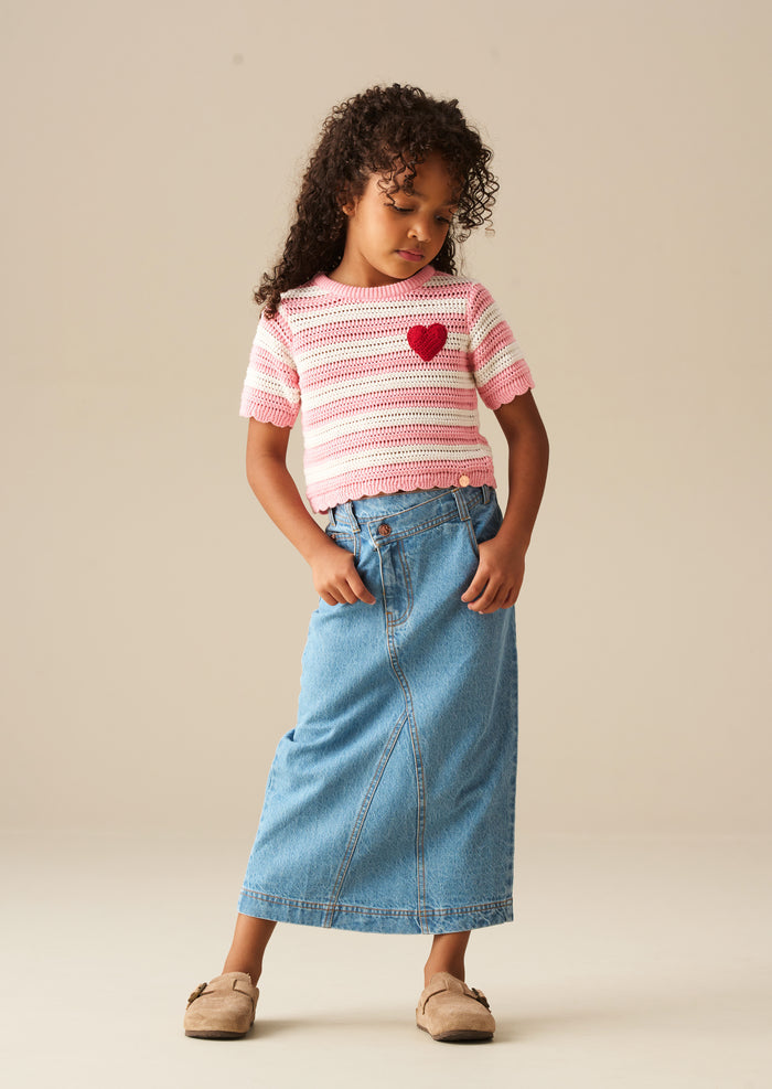 Kendal Asymmetric Waist Denim Midi Skirt
