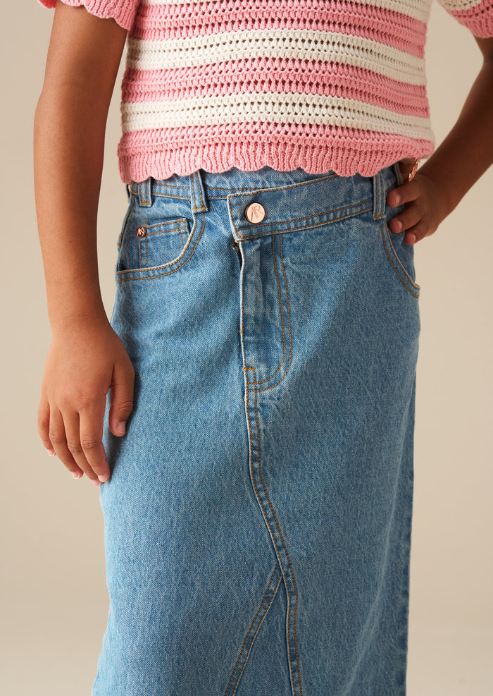 Kendal Asymmetric Waist Denim Midi Skirt
