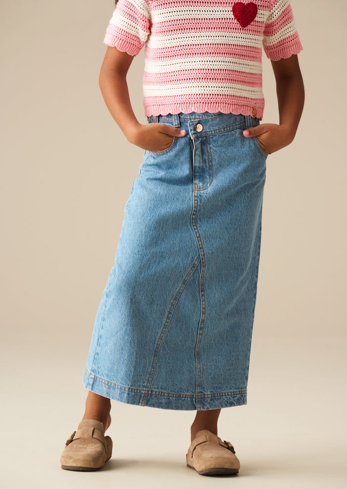 Kendal Asymmetric Waist Denim Midi Skirt