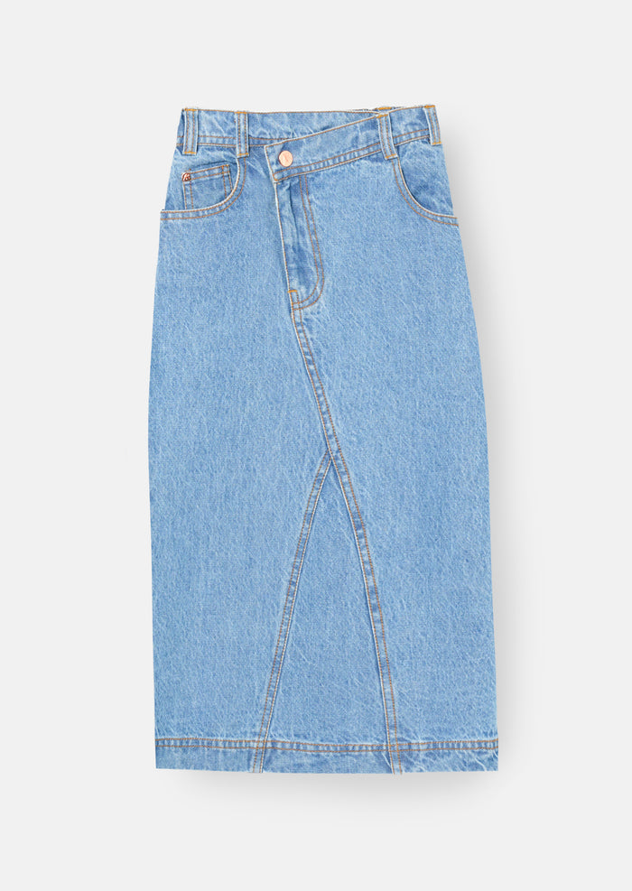Kendal Asymmetric Waist Denim Midi Skirt