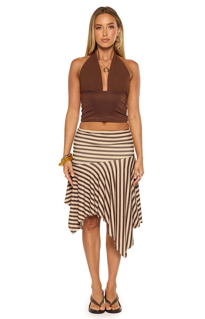 Full-length front view of a brown halter neck top with a deep V-neckline and a fitted cropped silhouette