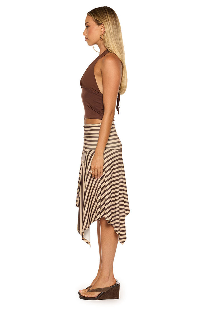 Side view of a brown halter neck top with a fitted silhouette and gathered bust detail