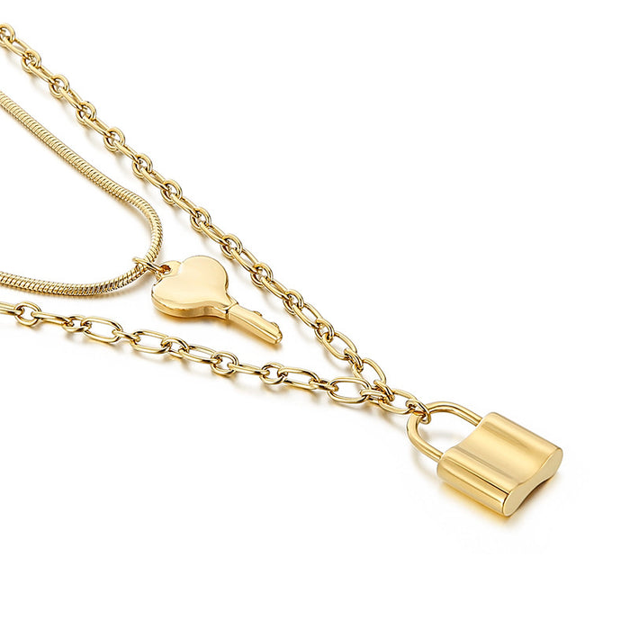 Key and Lock Pendant Necklace Stainless Steel Jewelry for Women